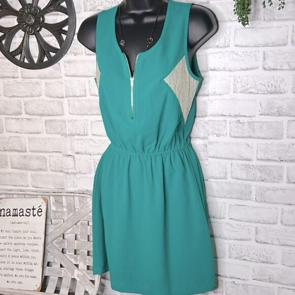 Chloe K. Turquoise Teal Pinched Waist Boho Hippie Mini Dress Size Small - Picture 1 of 6
